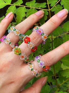 female Creative new elastic flower crystal bead ring彩色戒指