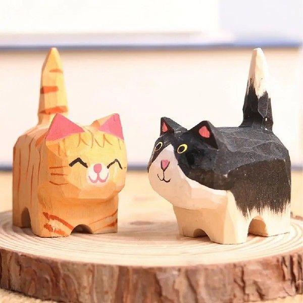 Hand Carving Wooden Cat Statue Cute Mini Cat Statues Home