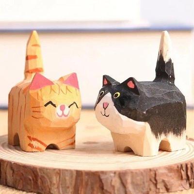 Hand Carving Wooden Cat Statue Cute Mini Cat Statues Home