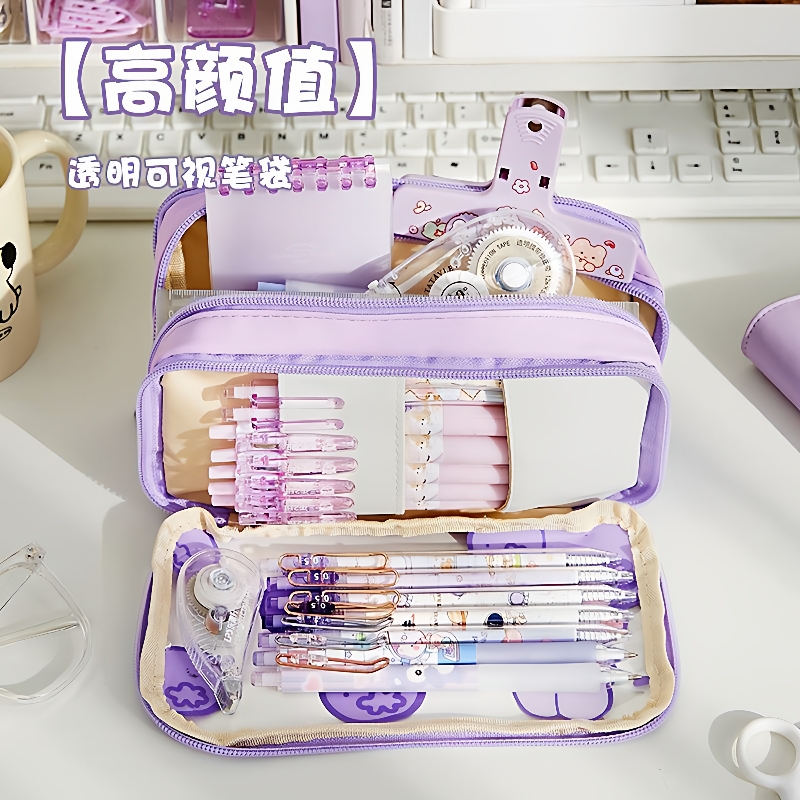 Large Capacity Pencil Case 3 Compartment Pouch Pen Bag Doubl