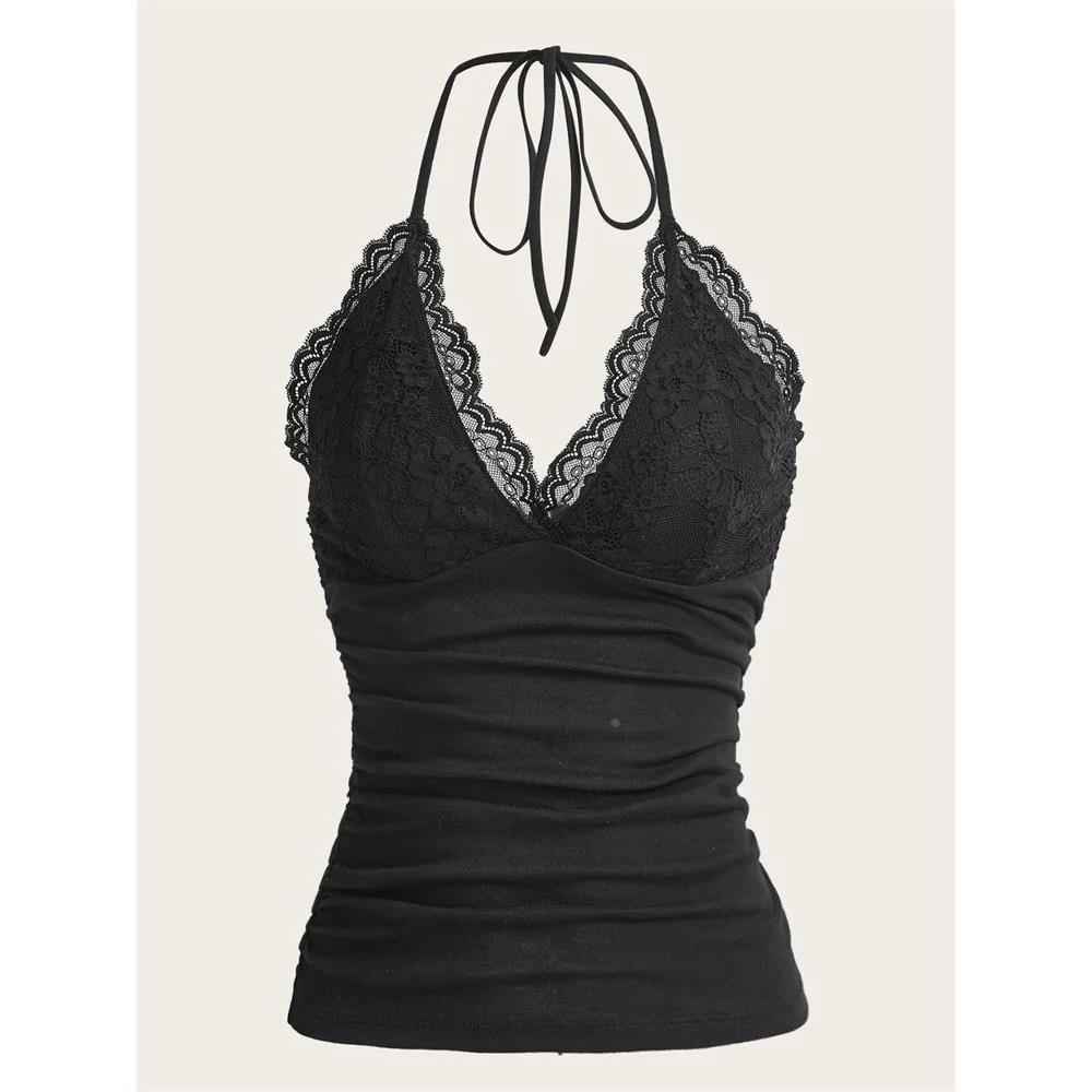 Goth Grunge Punk Black Lace Patchwork Halter Top Women Summe
