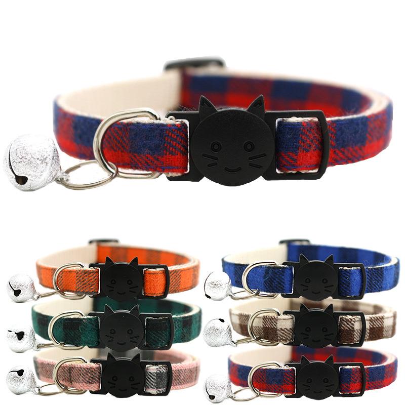 Pet Cat Dog Safety Plaid Cat Collar Buckles With Bell Adjust