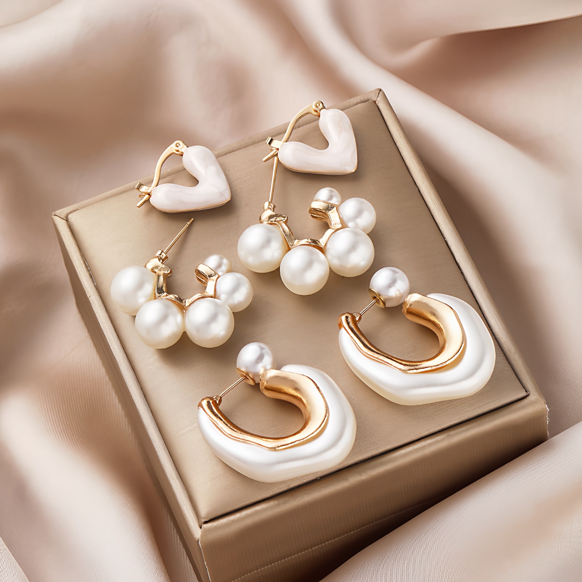 Heart pearl earrings set跨境金色滴油爱心珍珠耳环套装时尚耳饰