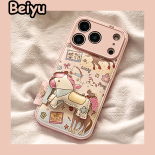 可爱卡通涂鸦小马适用苹果17Promax手机壳iphone16pro新款15pro小众16pm带支架14pro硅胶17pro创意马年17全包