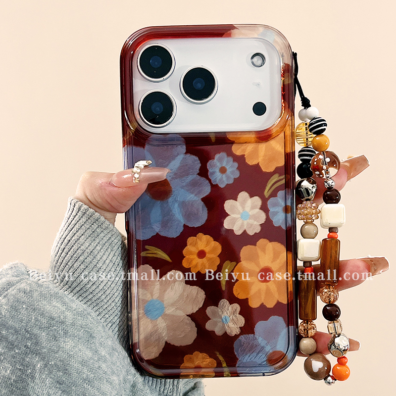 秋冬复古棕色油画花朵适用苹果17Promax手机壳iphone16pro新款15pro小众14带链条13硅胶15创意17pro网红全包
