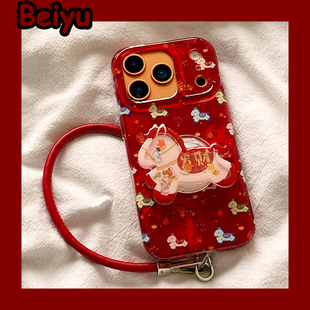 新年红色喜庆发财小马支架适用苹果17Promax手机壳iphone16pro新款15pro小众13带挂绳14pro硅胶17pro创意全包