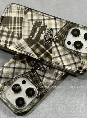 ins韩系黑色格子立体土星西太后适用苹果15promax手机壳iPhone14新款15pro小众11硅胶13女12创意14pro防摔套