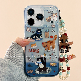 趣味可爱卡通涂鸦猫咪适用苹果17Promax手机壳iphone16pro新款15pro小众14带链条16创意15硅胶17pro网红全包