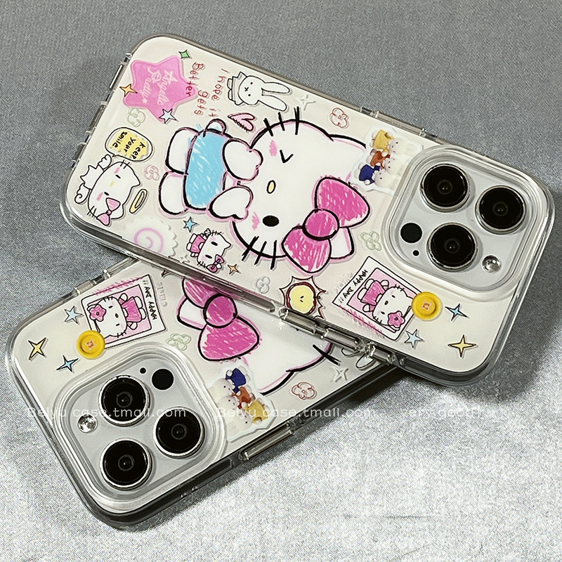 可爱卡通涂鸦HelloKitty适用苹果16Promax手机壳iphone15pro新款14小众14pro硅胶13防摔16pro少女15创意全包