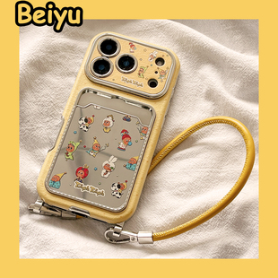 卡通星星人镜子卡包带挂绳适用苹果17Promax手机壳iphone16pro新款15pro小众16pm皮质14pro硅胶17pro创意全包