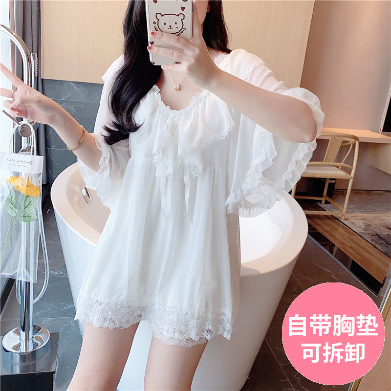 带胸垫睡衣女夏季莫代尔网纱纯欲公主宫廷短袖纯棉家居服套装