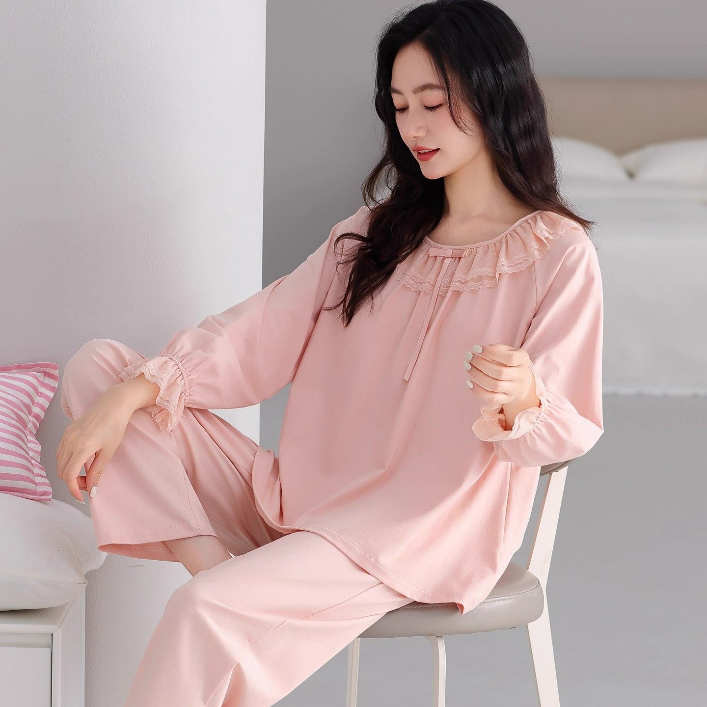 带胸垫睡衣女春秋家居服套装