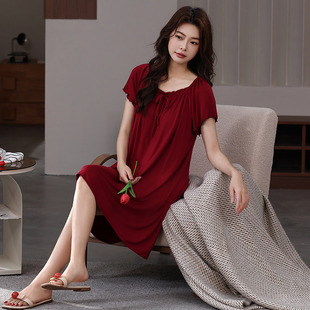 带胸垫睡裙女夏季莫代尔棉红色本命年新婚凉感睡衣甜家居服可外穿