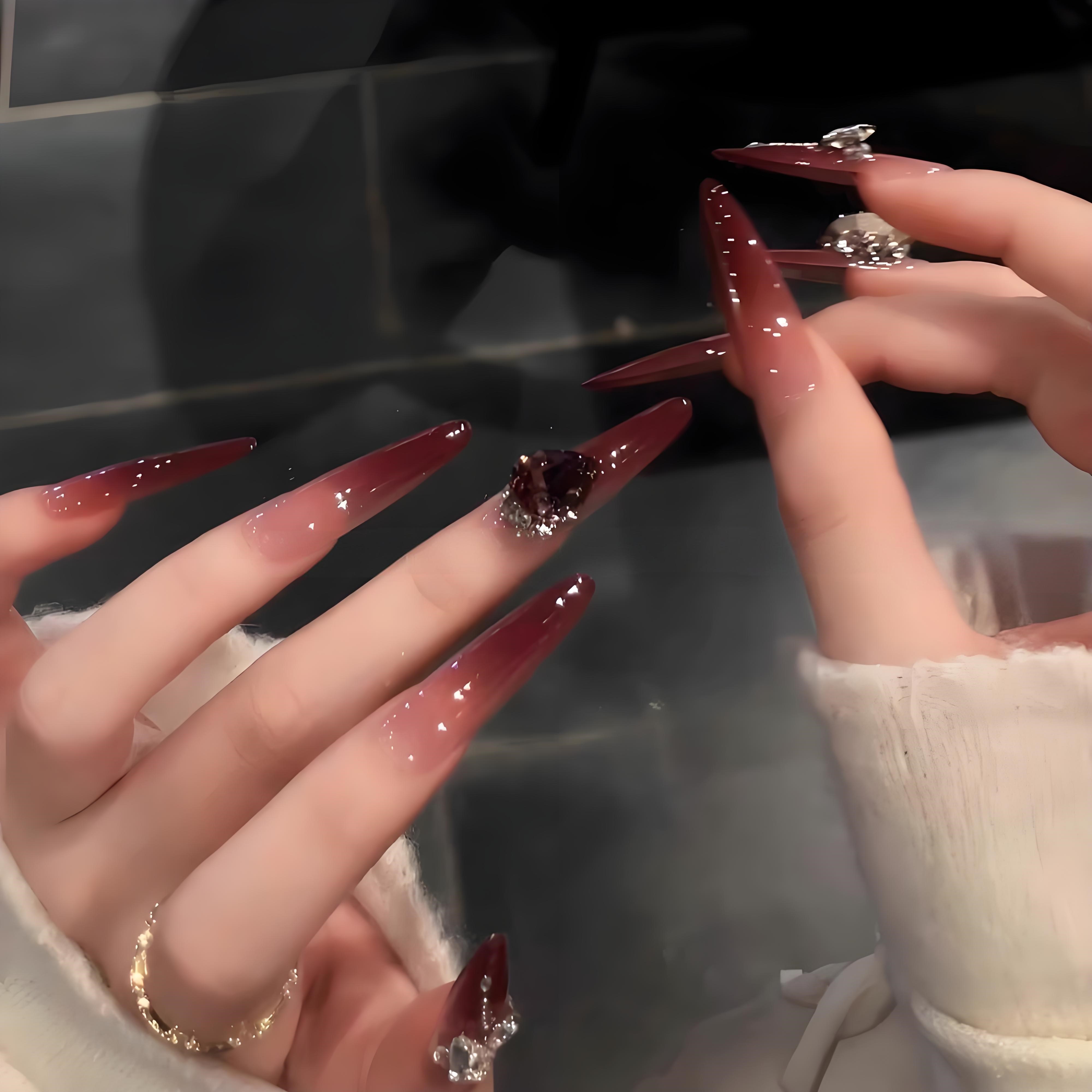 【雅典娜】贵气显白渐变车厘子色K9钻美甲长款高级感纯手工穿戴甲