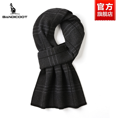 袋鼠含羊毛围巾男冬季条纹加厚围脖2025新款送男友生日礼物礼盒装