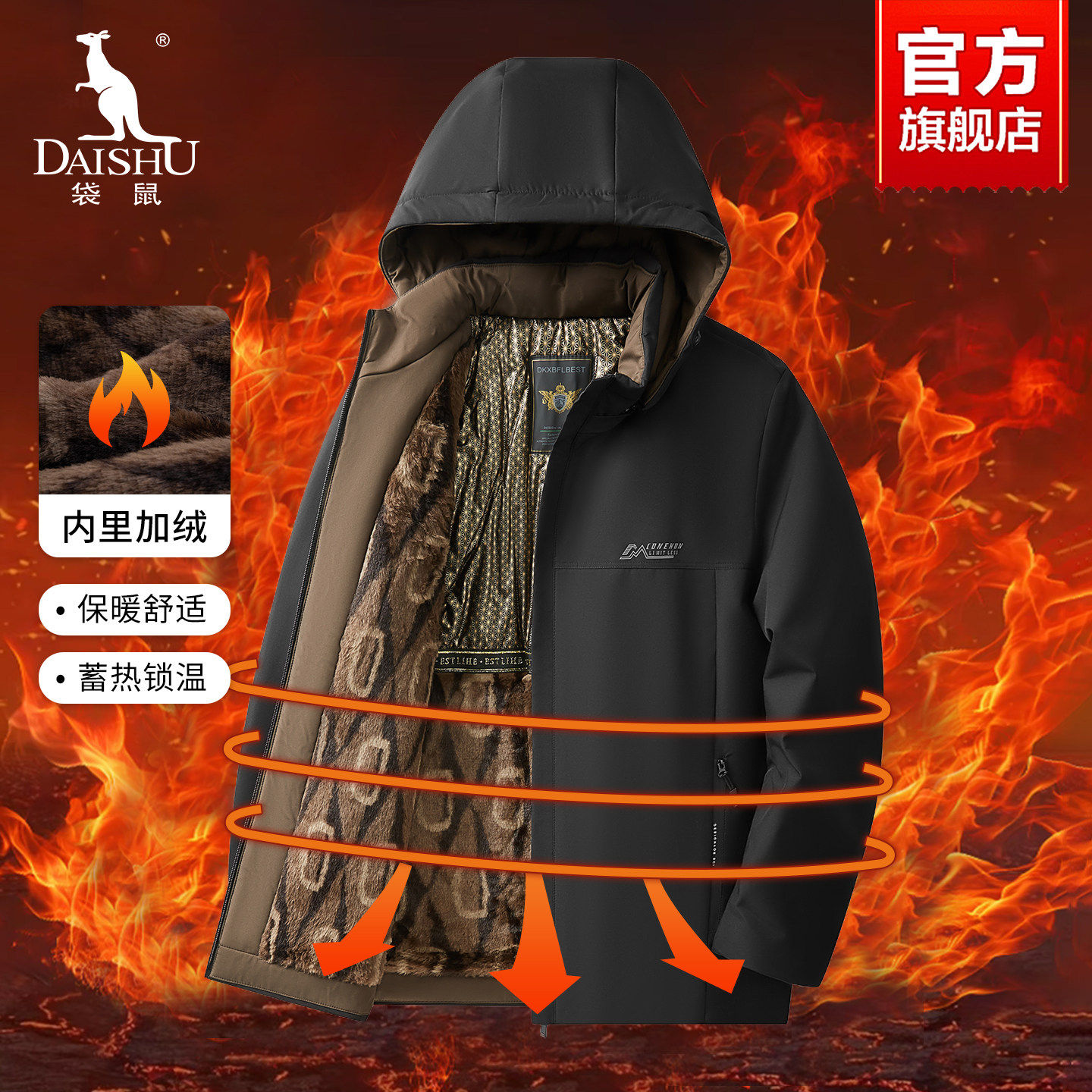 袋鼠棉衣男士冬季加绒加厚保暖外套2025新款中老年爸爸装连帽棉服