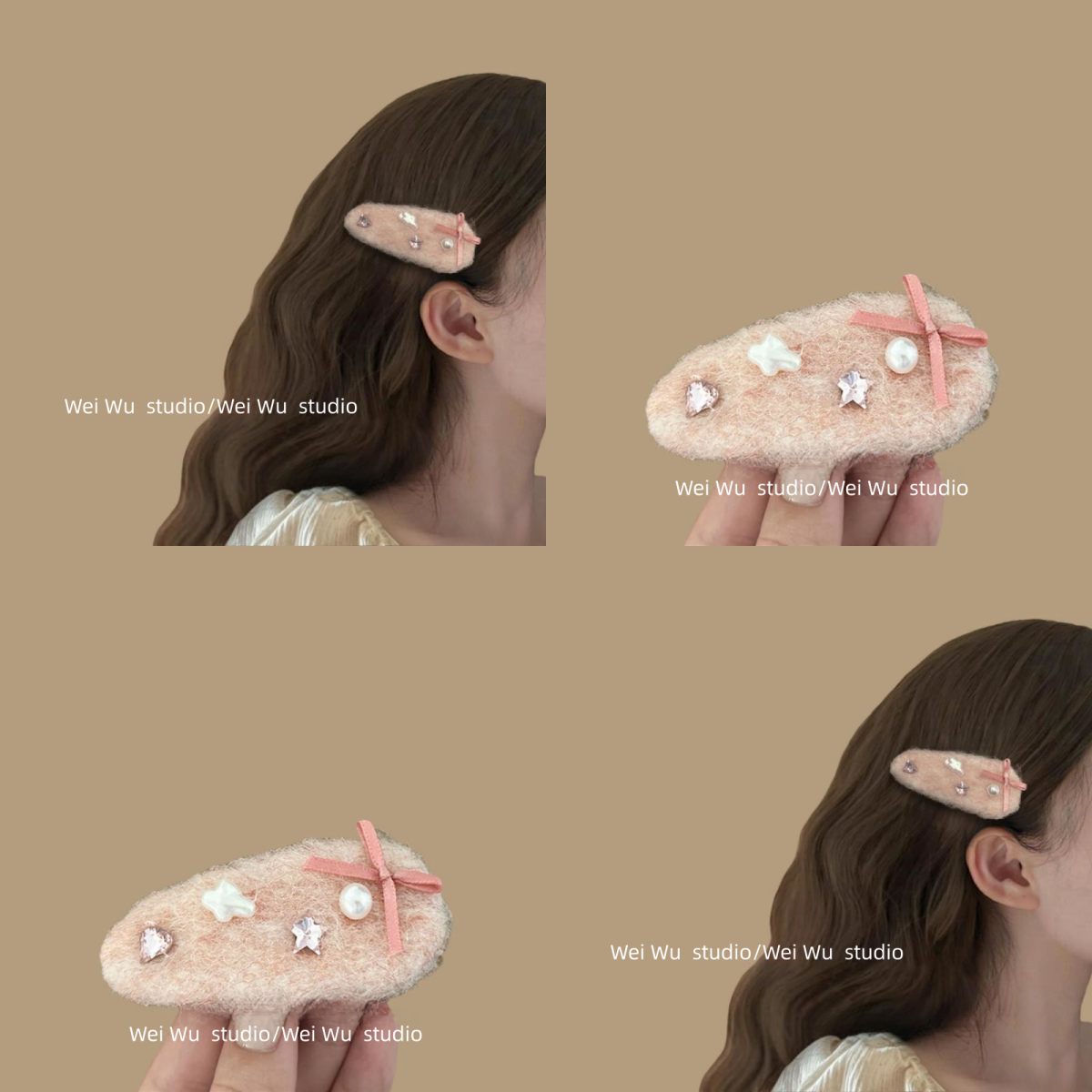 果冻分你一半！水钻蝴蝶结毛绒发夹！甜美侧边夹前额碎发夹盘发器