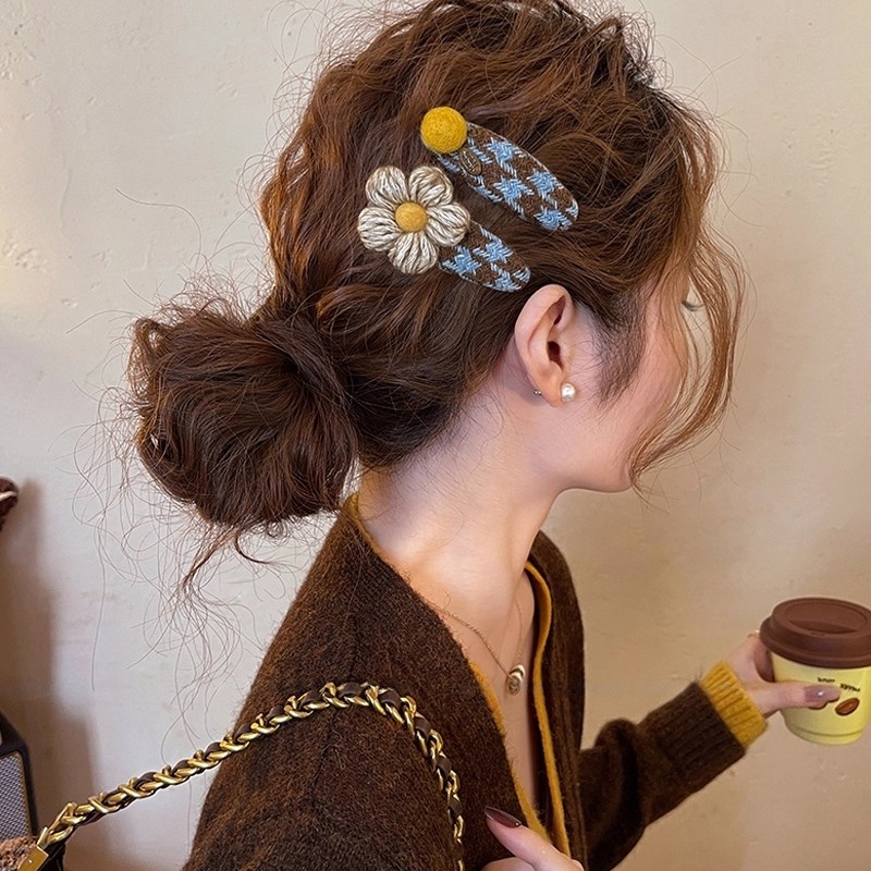 格纹毛线花朵圆球发夹女边夹