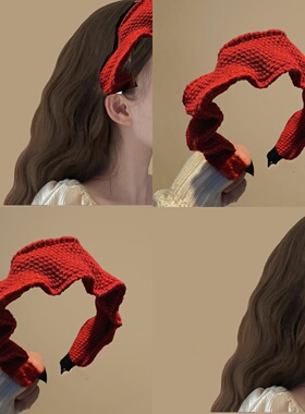 玫瑰红娇！针织秋冬！高级感红色发箍女款头箍复古发卡头饰盘发器