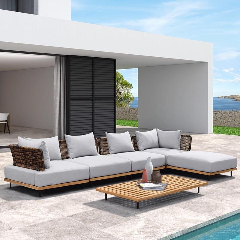 户外沙发组合北欧实木家具藤编酒店庭院别墅室外防水防晒柚木沙发