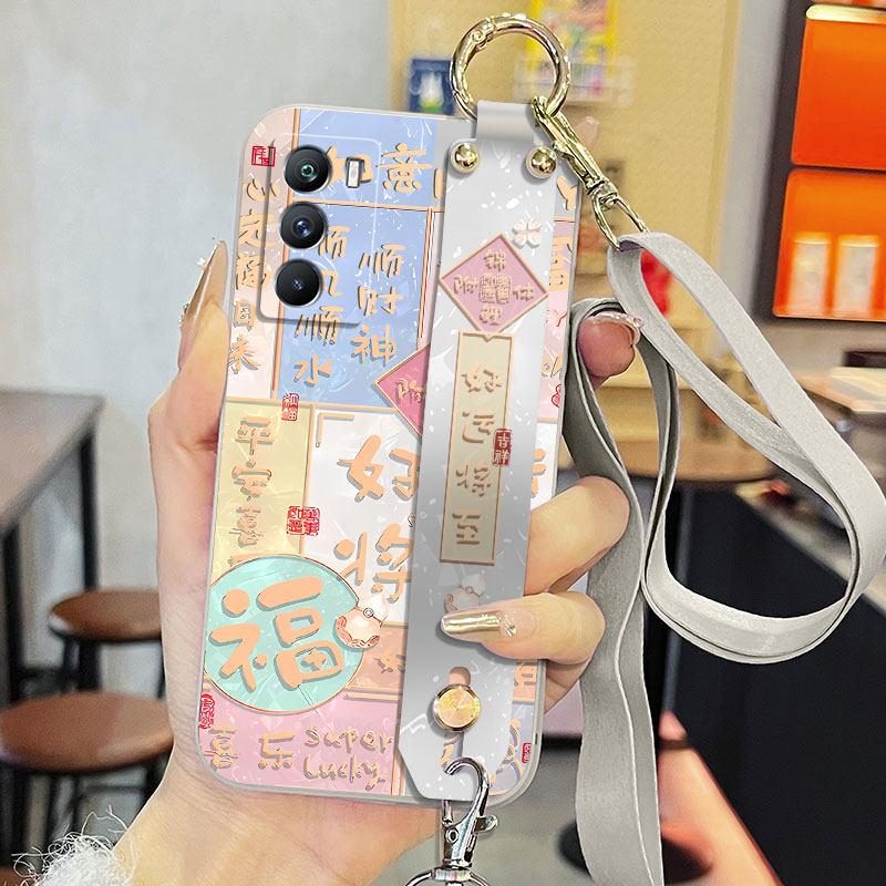 适用于vivoT1手机壳t1x液态腕带支架V2115A好运将至vovit1x简约中国风全包直边保护套新款背带软壳磨砂男女款