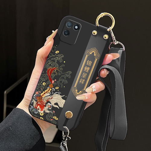 适用realme真我V11s手机壳v11液态腕带支架软壳RMX3125中国风吉祥锦鲤好运全包直边斜跨背带保护套防摔磨砂潮