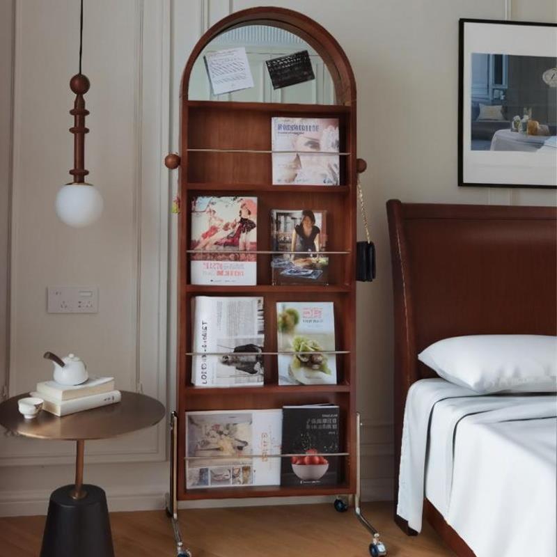 复古可移动旋转全身镜子家用报刊架中古风实木落地杂志展示收纳架