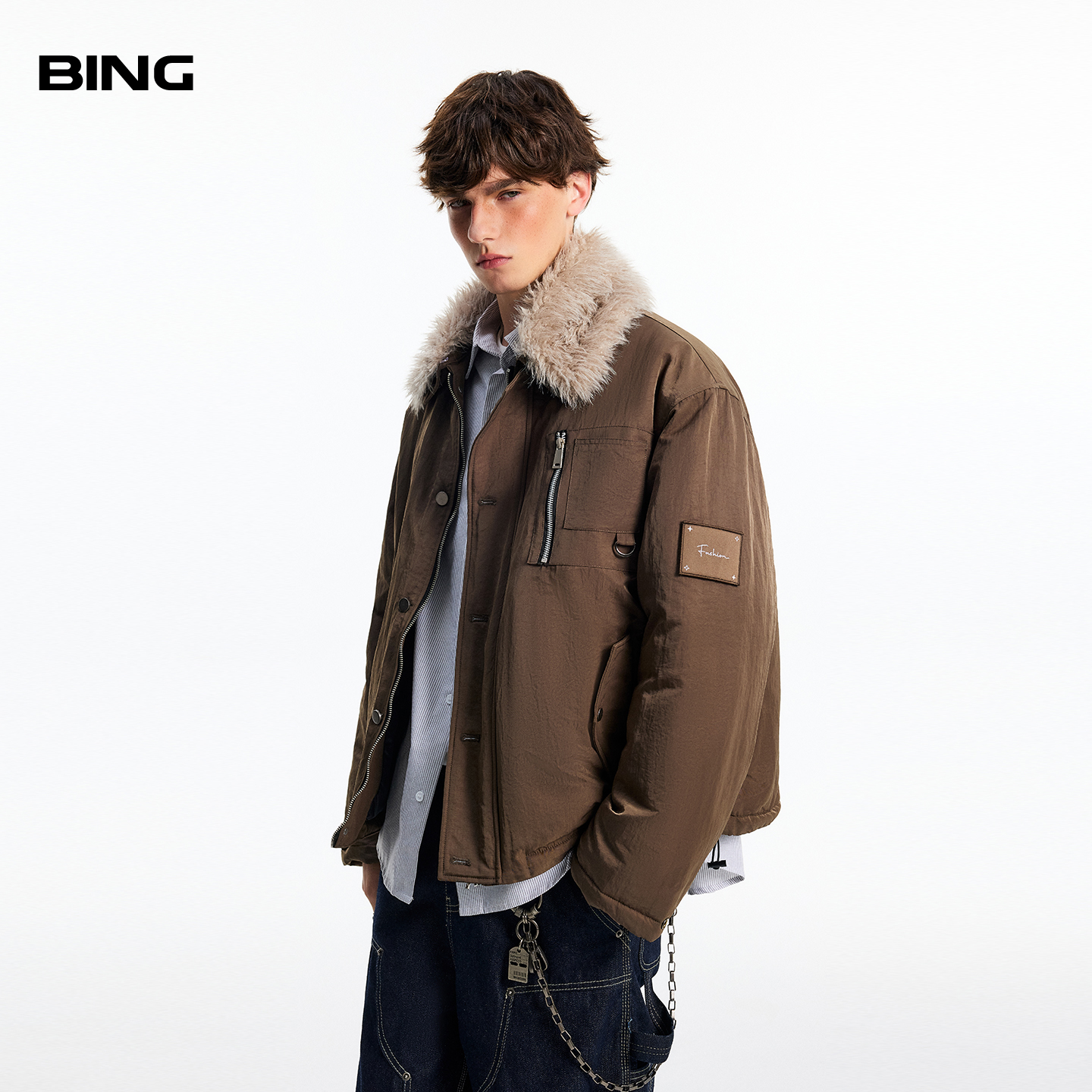 猎装可拆卸毛领贴布刺绣棉服男