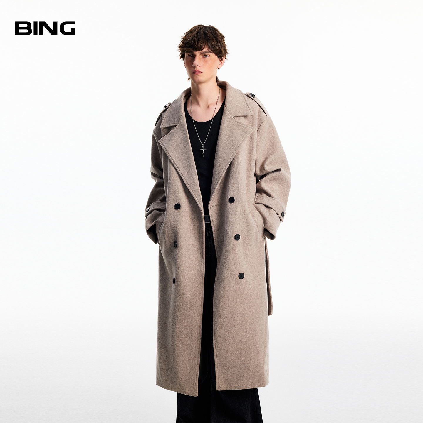 韩系氛围感双排扣中过膝毛呢大衣