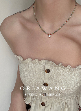 ORIAWANG非洲绿松石复古经典小众锁骨链暮色沙滩白贝母水晶项链