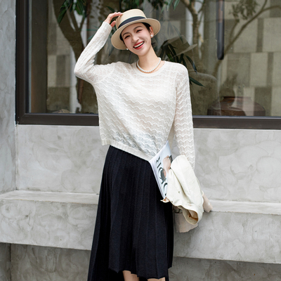 华裳格浮菱康赛妮丝羊绒镂空罩衫潮流百搭圆领打底衫针织衫HS1785