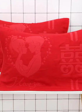 结婚大红色6层婚庆红纱布枕巾情侣红喜庆枕巾52*79回礼结婚枕头巾