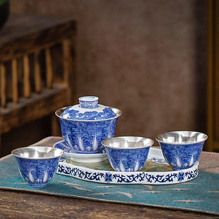 银茶具青花瓷功夫茶具套装 盖碗茶壶组合白菜百财新年创意礼品茶具