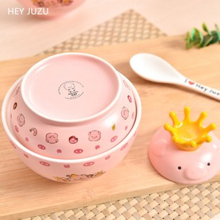 家用创意独乐乐餐具一人食学生陶瓷碗 嘿猪猪碗勺卡通餐具套装