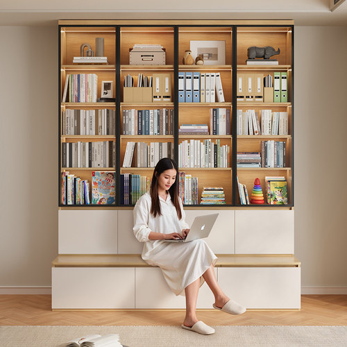 洛霖客厅实木书柜带玻璃门卡座