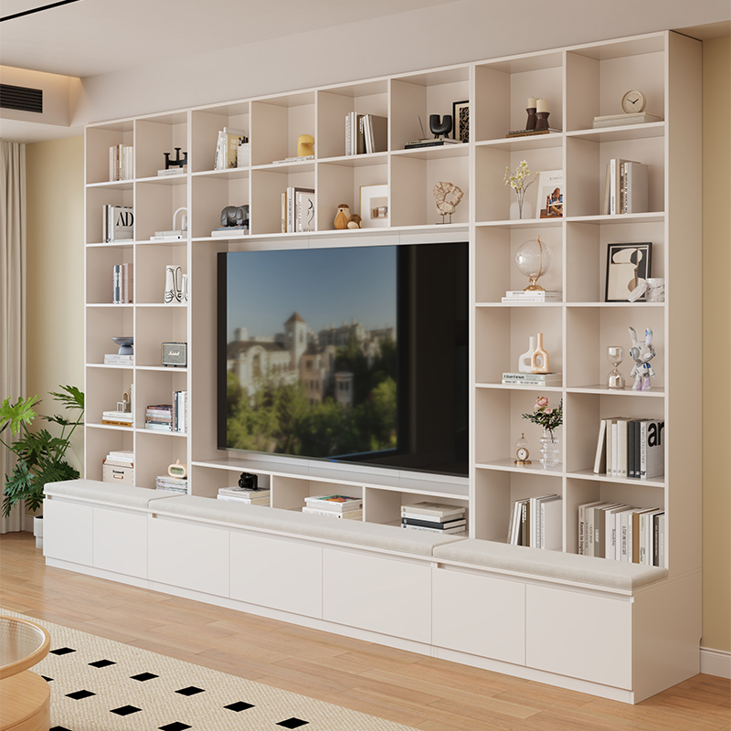 洛霖实木卡座书柜一体整墙到顶