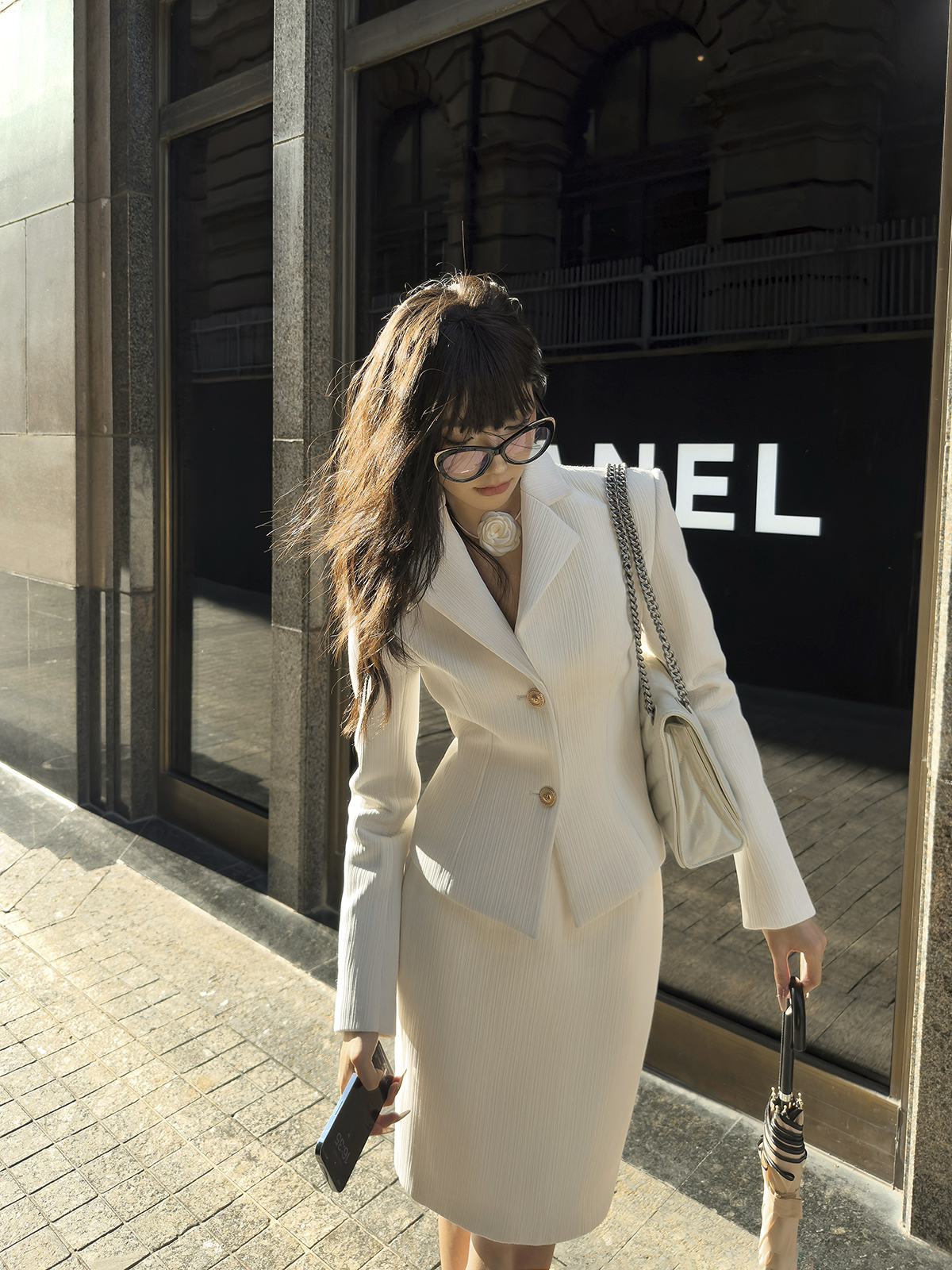 Se flatter 复古年代米白色肌理条纹西装职业羊毛套装高级感小众