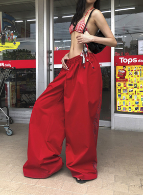 Se flatter美式复古休闲裤女夏季新款阔腿裤宽松直筒长裤拖地裤子