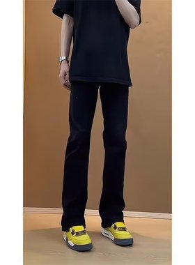 弹力黑色微喇牛仔裤男款夏季美式高街vibe裤子修身直筒窄版弯刀裤