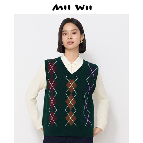 MIIWIII末未24冬新款绵羊毛绿格针织马甲女士X244629