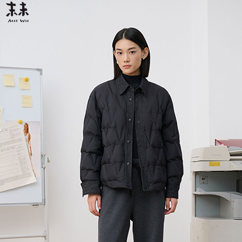 MIIWII末未25冬黑色短款衬衫领外套菱格纹绗缝羽绒服女R254117
