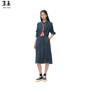 MIIWII末未25秋蓝色衬衫 领收腰连衣裙休闲牛仔连衣裙女L253106