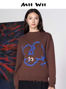 【断码清仓】末未MIIWII23冬咖色蓝图案羊毛针织套头衫女X234416