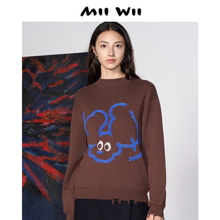 末未MIIWII23冬咖色蓝图案羊毛针织套头衫 清仓 女X234416 断码