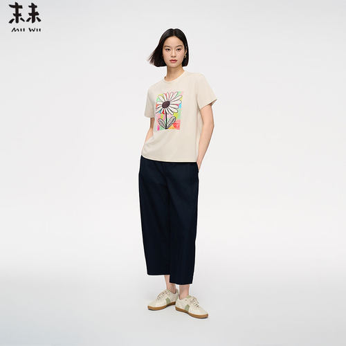MIIWII末未25夏米杏色全棉圆领短袖上衣卡通印花T恤女T252532