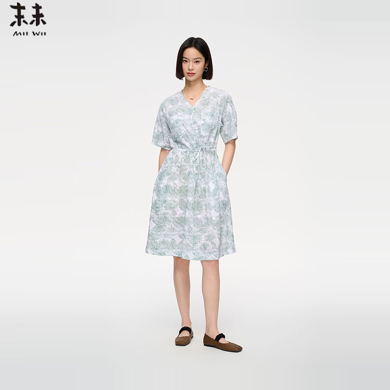MIIWII末未25夏白底绿花全棉印花束腰衬衫连衣裙女L252501