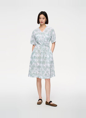 MIIWII末未25夏白底绿花全棉印花束腰衬衫连衣裙女L252501