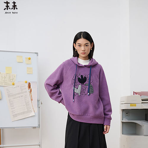 MIIWII末未25冬紫色拉绒针织连帽上衣动物图案卫衣女S254318