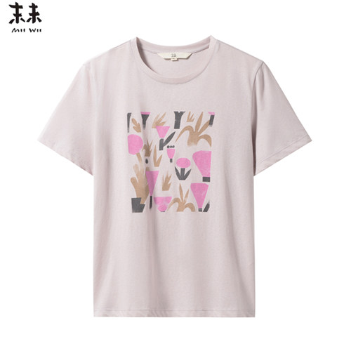 MIIWII末未26夏灰粉色圆领趣味百搭短袖通勤简笔图案T恤T262620