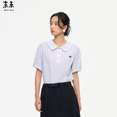 末未夏蓝白条纹刺绣通勤短袖衬衫